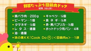 0000野菜たっぷり回鍋肉ドック／材料（4人分）／豚バラ肉…200ｇ／タ