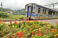 諏訪ノ平駅に入ってくるIGR車。季節の花が出迎えます。