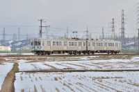 少し雪が融けた田んぼを行く電車。