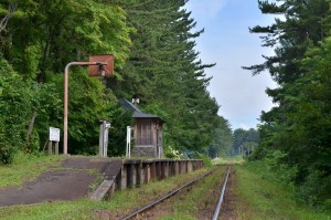 鉄道林が駅を守るようにそびえる毘沙門駅。このコーナーで紹介する津軽鉄道最後の駅です。